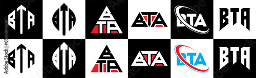 BTA letter logo design in six style. BTA polygon, circle, triangle, hexagon, flat and simple style with black and white color variation letter logo set in one artboard. BTA minimalist and classic logo
