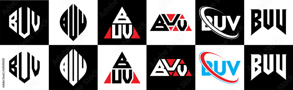 BUV letter logo design in six style. BUV polygon, circle, triangle, hexagon, flat and simple style with black and white color variation letter logo set in one artboard. BUV minimalist and classic logo BUV letter logo design in six style. BUV polygon, circle, triangle, hexagon, flat and simple style with black and white color variation letter logo set in one artboard. BUV minimalist and classic logo