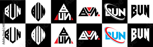 BUN letter logo design in six style. BUN polygon, circle, triangle, hexagon, flat and simple style with black and white color variation letter logo set in one artboard. BUN minimalist and classic logo