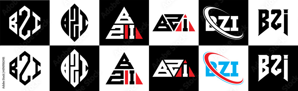 BZI letter logo design in six style. BZI polygon, circle, triangle, hexagon, flat and simple style with black and white color variation letter logo set in one artboard. BZI minimalist and classic logo BZI letter logo design in six style. BZI polygon, circle, triangle, hexagon, flat and simple style with black and white color variation letter logo set in one artboard. BZI minimalist and classic logo