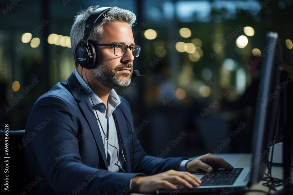 Happy man from the call center wearing headset with small microphone is looking into monitor of his notebook