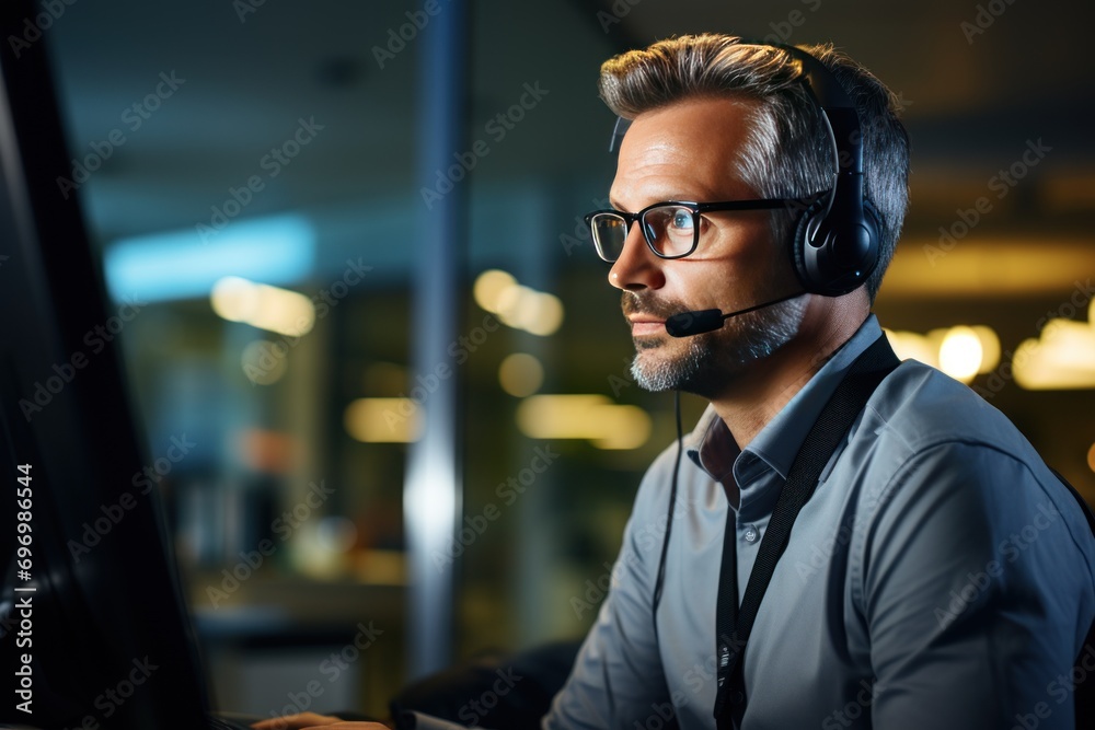 Happy man from the call center wearing headset with small microphone is looking into monitor of his notebook Happy man from the call center wearing headset with small microphone is looking into monitor of his notebook