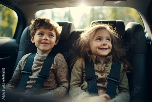 Kids sitting in the back of a car while a content family takes a trip in a new vehicle.