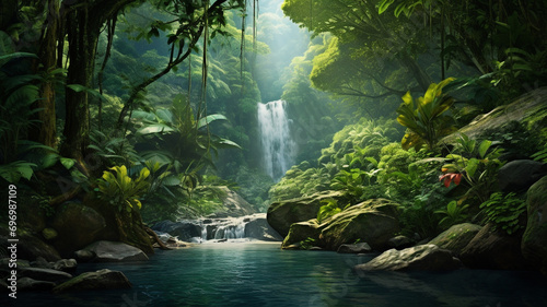 Lush tropical rainforest with dense foliage and cascad