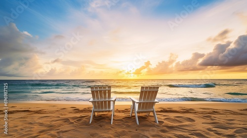 Two deck chairs for sunbathing on the beach  view at sunset. beautiful colorful sunset