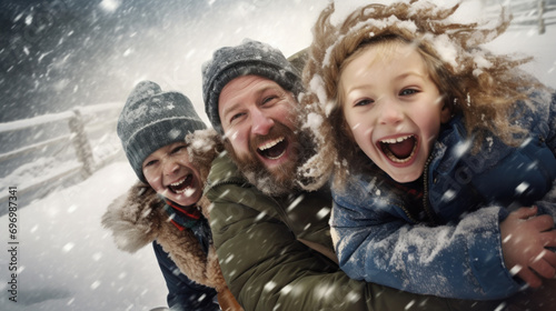 Winter fun, snow, family sledding at winter time