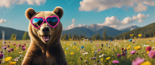 Bear wearing heart shaped sunglasses in a sunny meadow photo