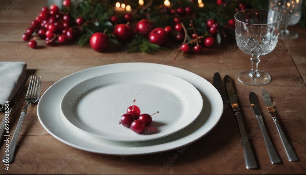 a white plate topped with two cherries on top of a wooden table next to a glass of water and silverware and a christmas tree with lights in the background. a white plate topped with two cherries on top of a wooden table next to a glass of water and silverware and a christmas tree with lights in the background.