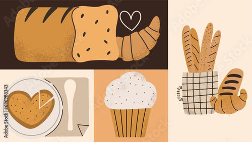 Fresh bakery pattern in hand draw style. Pastry background in hand draw style. Food banner. Vector illustration.