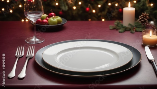  a white plate with a black rim on a red table cloth with silverware and candles in front of a christmas tree with red and green lights in the background.