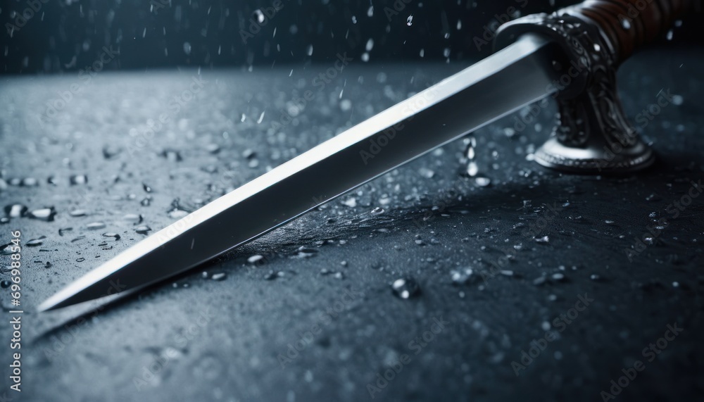  a knife sitting on top of a table next to a knife with a blade sticking out of it's blade, on a wet surface with drops of water. - obrazy, fototapety, plakaty 