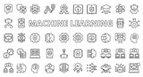 Machine learning icons line design. Machine, learning, ai, ml, artificial, deep learning, chip, brain, neuron, analysis, intelligence vector illustrations. Machine learning editable stroke icons.