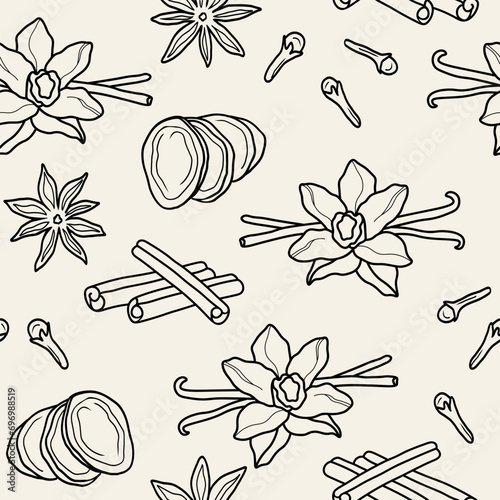 Line art herbs and spices seamless pattern