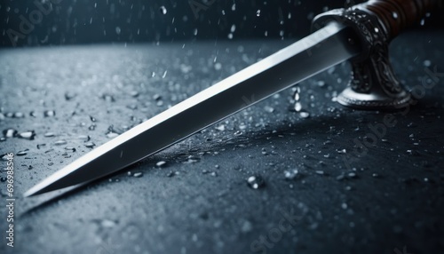 Leinwand Poster a knife sitting on top of a table next to a knife with a blade sticking out of it's blade, on a wet surface with drops of water