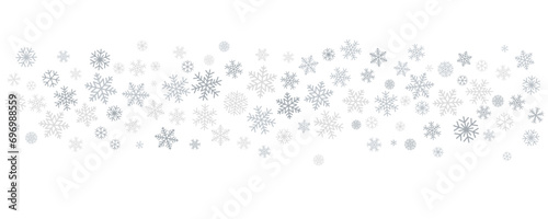 Christmas snowflakes background. Winter silver snow border decoration, greeting card. Noel subtle frame backdrop. Vector illustration