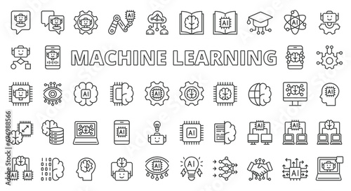 Machine learning icons line design. Machine, learning, ai, ml, artificial, deep learning, chip, brain, neuron, analysis, intelligence vector illustrations. Machine learning editable stroke icons.