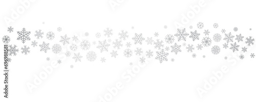 Christmas snowflakes background. Winter silver snow border decoration, greeting card. Noel subtle frame backdrop. Vector illustration