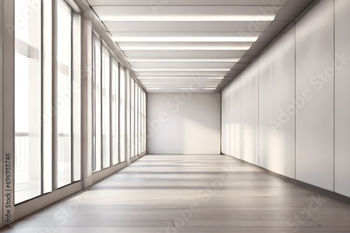 Perspective view of blank light wall with place for poster or banner in a modern office corridor interior. 3D Rendering, mockup Generative Ai