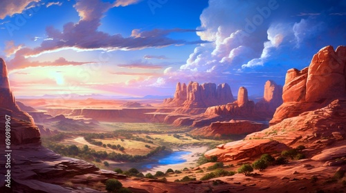 A breathtaking vista of a canyon bathed in the warm hues of a sunset. The play of light and shadow highlights the rugged beauty of the rocky formations against the sky's canvas.