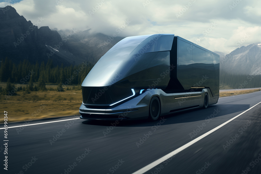 Naklejka premium Futuristic autonomous truck driving on the road