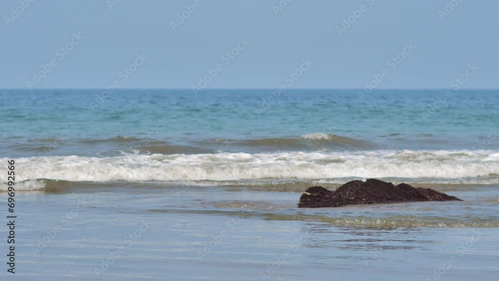 A view of the beach waves with three colors of blue, green, and brown mixed with sand crashing on the coral reef rocks A view of the beach waves with three colors of blue, green, and brown mixed with sand crashing on the coral reef rocks