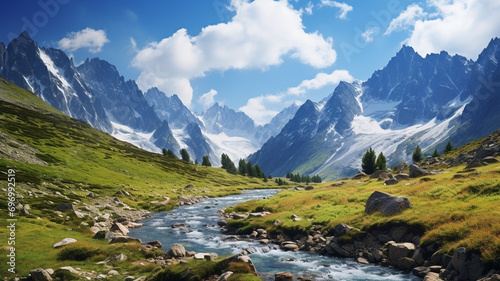 Majestic snow-covered peaks alpine meadows serene © shobakhul