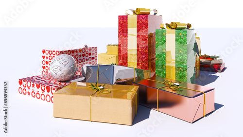 Gift Box wrapped with Green Leaf and Golden ribbon isolated on white background. For Christmas, New Year, Diwali, Eid Festival Gifts.