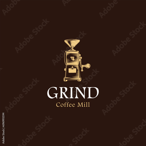 Coffee grinder vector round emblem, badge or logo template