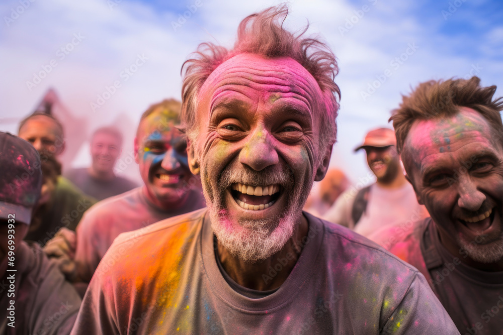 Senior Multicultural Duo Covered in Holi Pigments after Run Senior Multicultural Duo Covered in Holi Pigments after Run