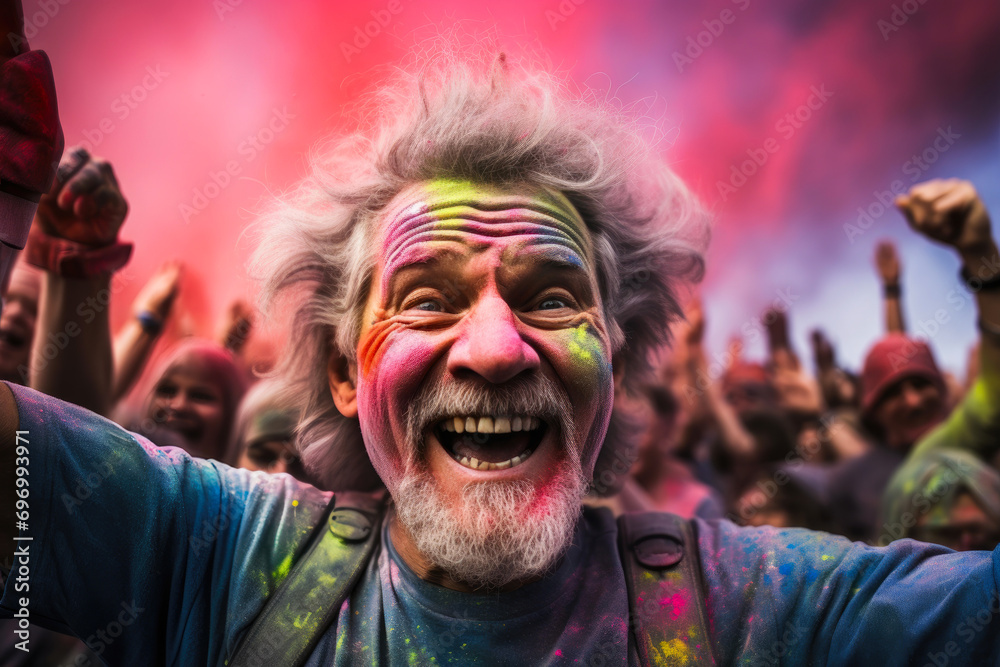 Fototapeta premium Colorful Holi Festival Finish Line with Older Interracial Participants