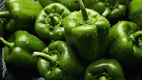 Bulgarian green pepper with water drops, cooking vegetables, pepper close-up