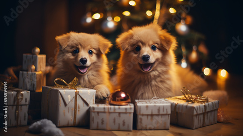 Dog puppies with gifts on a background of lectern and lights photo