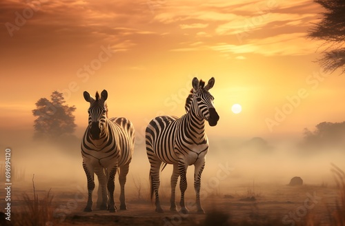 zebras eating their meal on a plain at sunset © haallArt