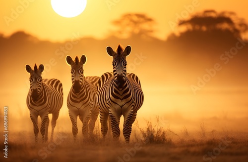zebras eating their meal on a plain at sunset