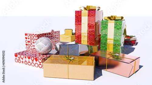 Gift Box wrapped with Green Leaf and Golden ribbon isolated on white background. For Christmas, New Year, Diwali, Eid Festival Gifts.