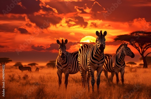 zebras eating their meal on a plain at sunset