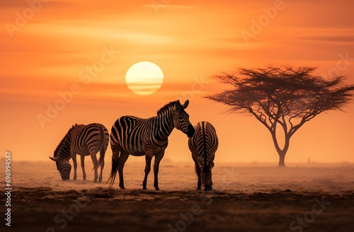 zebras eating their meal on a plain at sunset