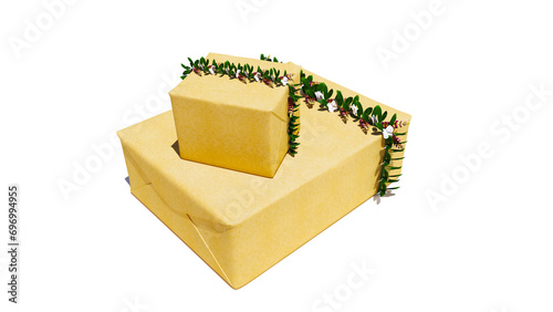 Gift Box wrapped with Green Leaf and Golden ribbon isolated on white background. For Christmas, New Year, Diwali, Eid Festival Gifts.