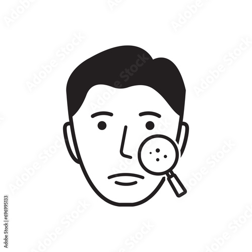 Dermatology Examination of Man Skin Silhouette Icon. Checkup of Boy Skin Face with Magnifier Pictogram. Facial Skin Care Black Icon. Isolated Vector Illustration.