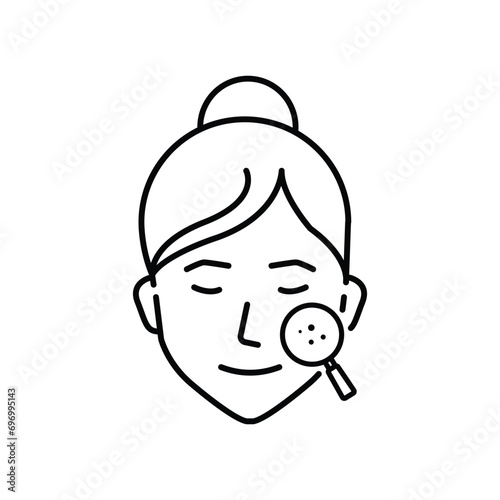 Dermatology Examination of Woman Skin Line Icon. Checkup of Girl Skin Face with Magnifier Linear Pictogram. Facial Skin Care Outline Icon. Editable Stroke. Isolated Vector Illustration