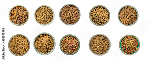 Collection of dry dog or cat food in bowls, isolated on transparent background, with clipping path, full depth of field. 