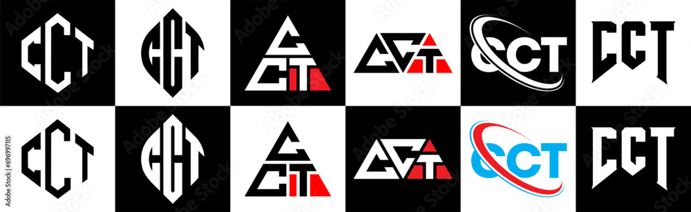 CCT letter logo design in six style. CCT polygon, circle, triangle, hexagon, flat and simple style with black and white color variation letter logo set in one artboard. CCT minimalist and classic logo CCT letter logo design in six style. CCT polygon, circle, triangle, hexagon, flat and simple style with black and white color variation letter logo set in one artboard. CCT minimalist and classic logo