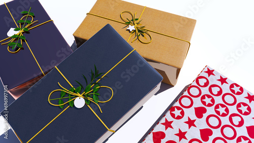 Gift Box wrapped with Green Leaf and Golden ribbon isolated on white background. For Christmas, New Year, Diwali, Eid Festival Gifts.