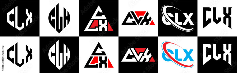 CLX letter logo design in six style. CLX polygon, circle, triangle, hexagon, flat and simple style with black and white color variation letter logo set in one artboard. CLX minimalist and classic logo CLX letter logo design in six style. CLX polygon, circle, triangle, hexagon, flat and simple style with black and white color variation letter logo set in one artboard. CLX minimalist and classic logo