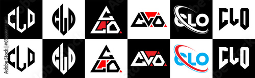 CLO letter logo design in six style. CLO polygon, circle, triangle, hexagon, flat and simple style with black and white color variation letter logo set in one artboard. CLO minimalist and classic logo