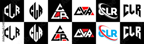 CLR letter logo design in six style. CLR polygon, circle, triangle, hexagon, flat and simple style with black and white color variation letter logo set in one artboard. CLR minimalist and classic logo