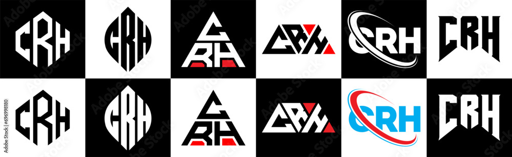 CRH letter logo design in six style. CRH polygon, circle, triangle, hexagon, flat and simple style with black and white color variation letter logo set in one artboard. CRH minimalist and classic logo CRH letter logo design in six style. CRH polygon, circle, triangle, hexagon, flat and simple style with black and white color variation letter logo set in one artboard. CRH minimalist and classic logo