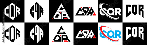 CQR letter logo design in six style. CQR polygon, circle, triangle, hexagon, flat and simple style with black and white color variation letter logo set in one artboard. CQR minimalist and classic logo