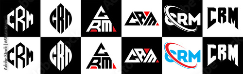 CRM letter logo design in six style. CRM polygon, circle, triangle, hexagon, flat and simple style with black and white color variation letter logo set in one artboard. CRM minimalist and classic logo