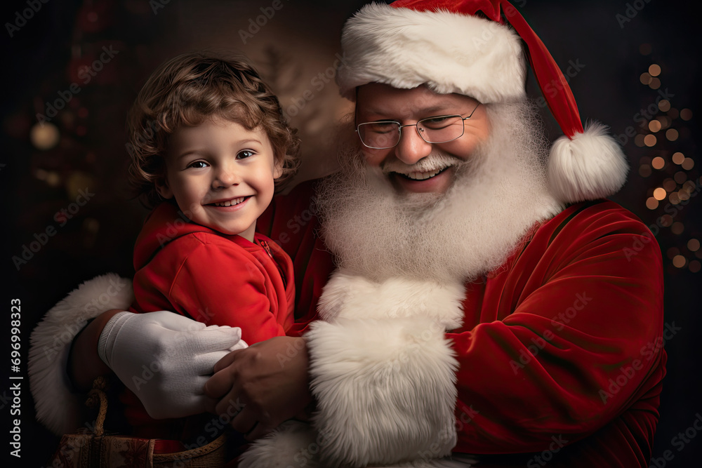 Adorable child with Santa Claus, Father Christmas, Saint Nicholas, Saint Nick, Kris Kringle, in red suit and hat.  Cute, adorable, happy, laughing, joyous, love.